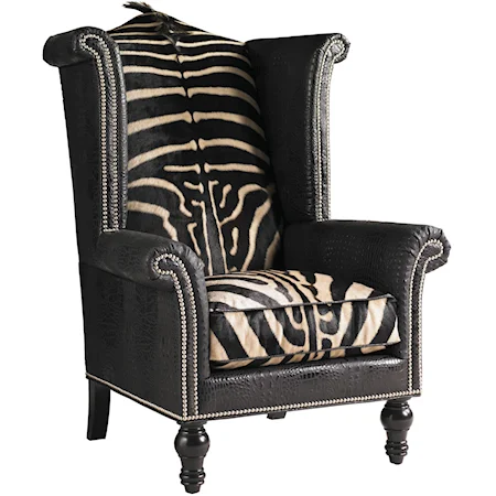 Kings Row Authentic Zebra Hide & Embossed Croc Leather-Upholstered High-Back Wing Chair with Pewter Nailhead Trim